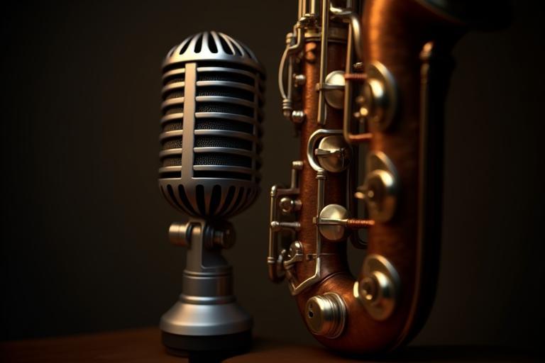 Close-up van vintage saxofoon en moderne microfoon